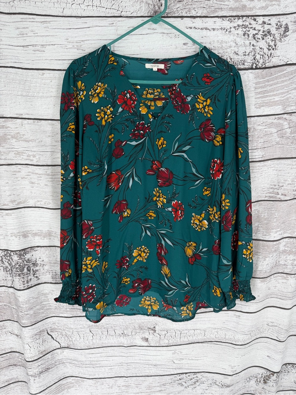 Maurices Teal Floral Long-Sleeve Blouse with Red & Yellow Blooms